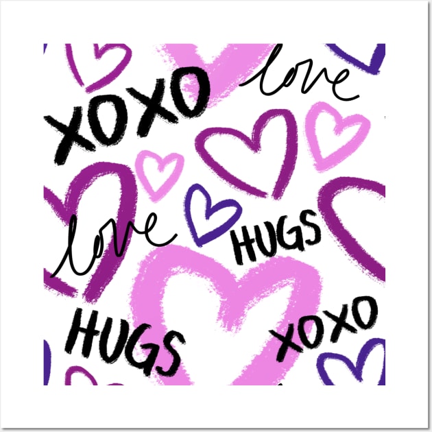 Valentines Day Graffiti Lettering Love, Hugs, XOXO, and Light and Dark Pink, and Purple Doodle Hearts , made by EndlessEmporium Wall Art by EndlessEmporium